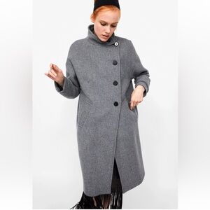 ZARA Wool Blend Grey Trench Coat Button Down  High Neck Jacket Minimalist Chic